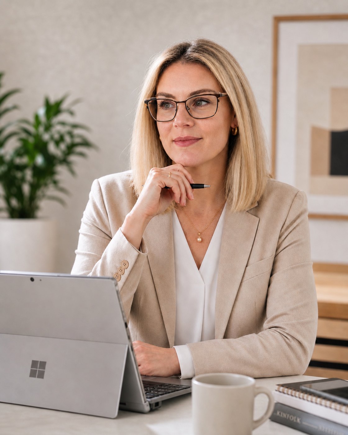 Megan Elliott, founder of Onda Consulting, working at her desk